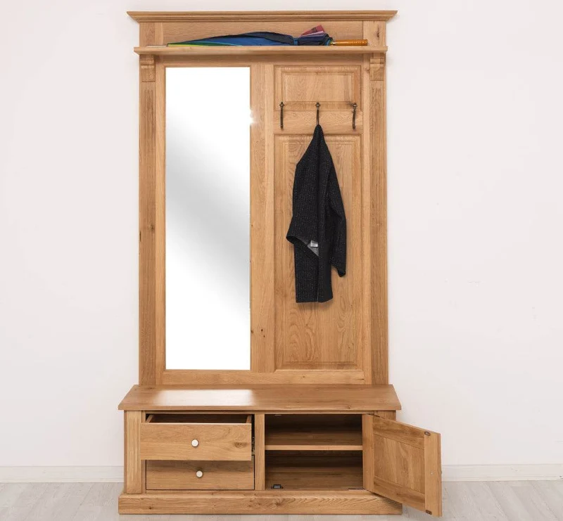Garderobe aus massiver Eiche mit Spiegel und Staufächern