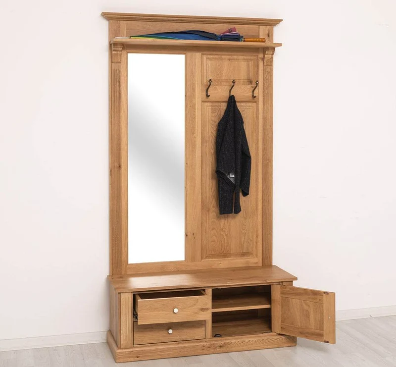 Garderobe aus massiver Eiche mit Spiegel und Staufächern