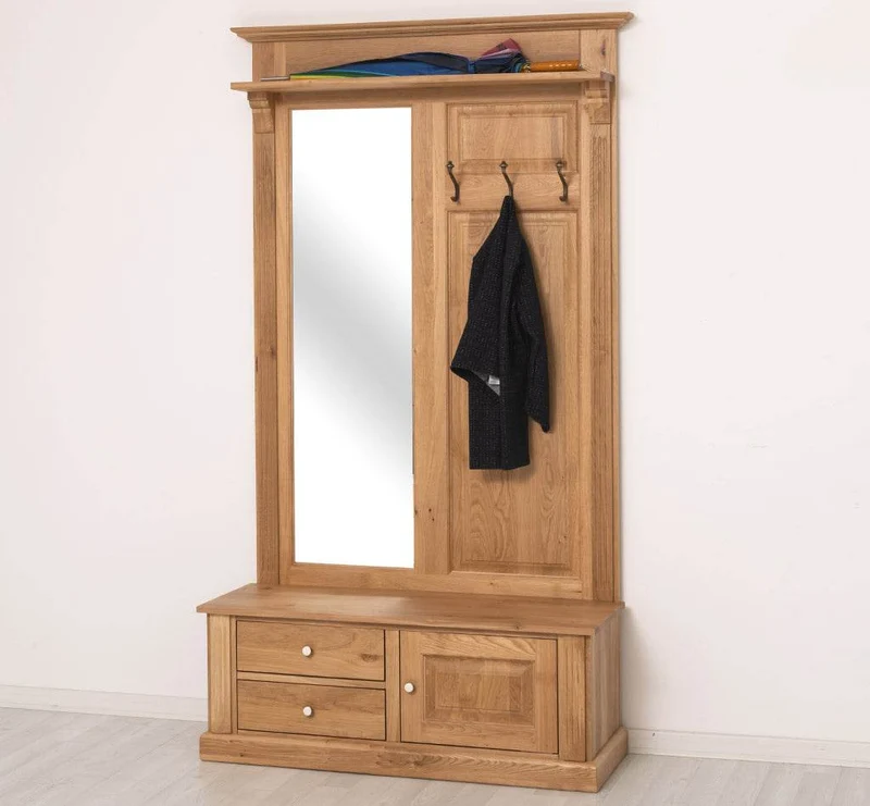 Garderobe aus massiver Eiche mit Spiegel und Staufächern