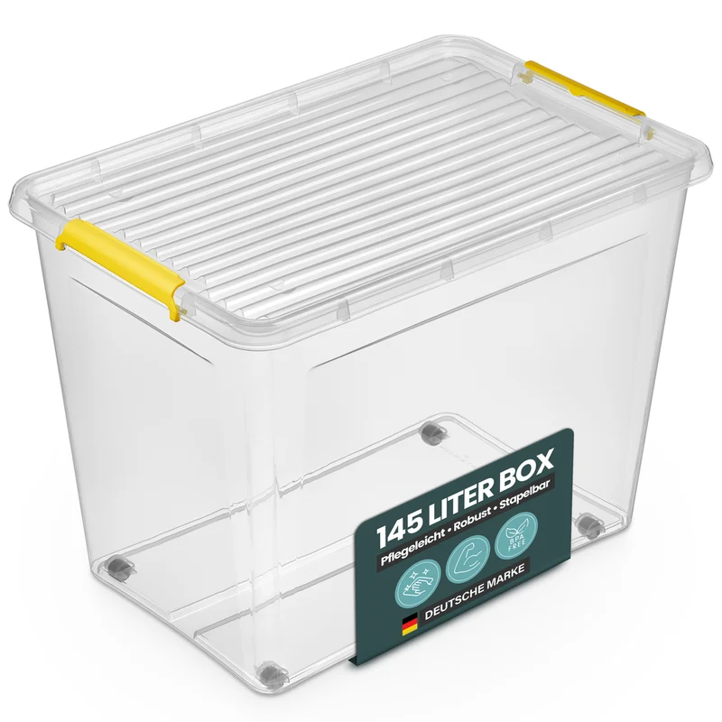 Aufbewahrungsbox 'Simple Store' mit Deckel transparent - stapelbare Kunststoffbox mit Rollen & Clips - 145 Liter (Set wählbar)