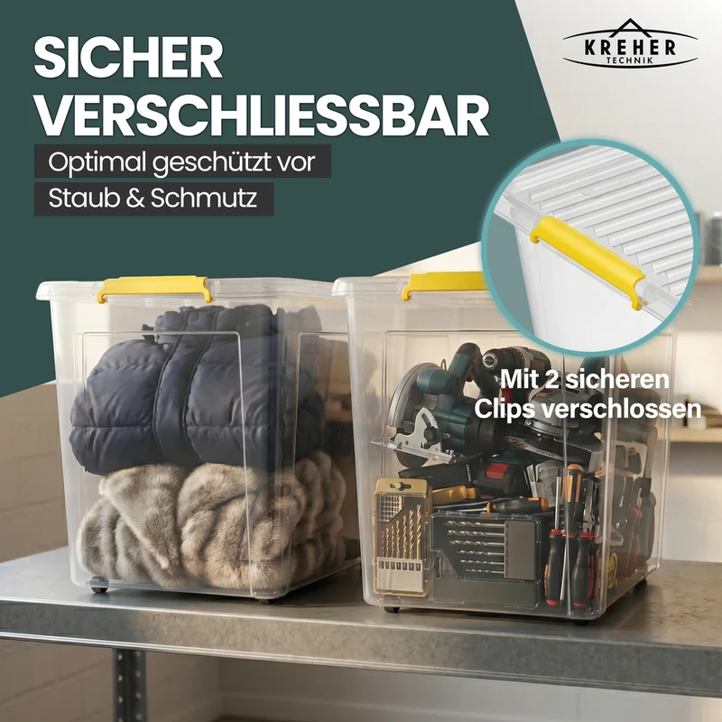 Aufbewahrungsbox 'Simple Store' mit Deckel transparent - stapelbare Kunststoffbox mit Rollen & Clips - 145 Liter (Set wählbar)