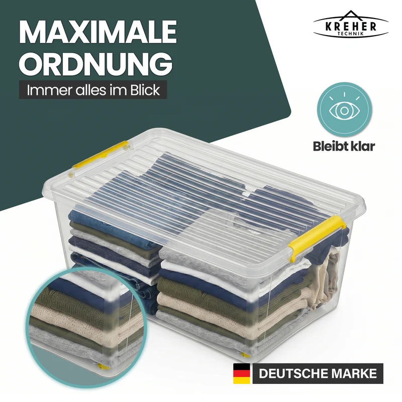 Aufbewahrungsbox 'Simple Store' mit Deckel transparent - stapelbare Kunststoffbox mit Rollen & Clips - 40 Liter (Set wählbar)