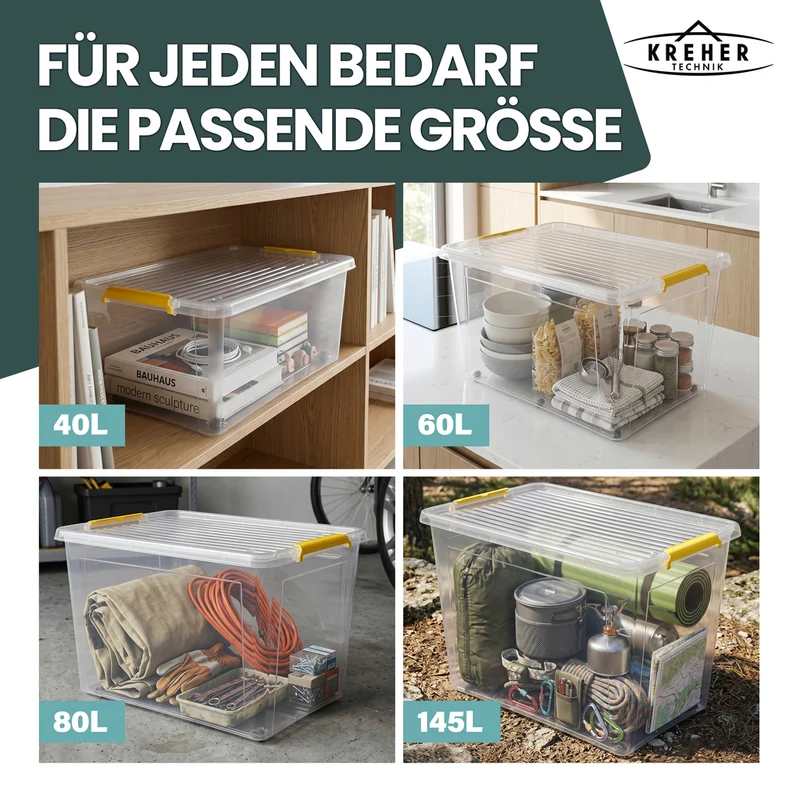 Aufbewahrungsbox 'Simple Store' mit Deckel transparent - stapelbare Kunststoffbox mit Rollen & Clips - 30 Liter (Set wählbar)