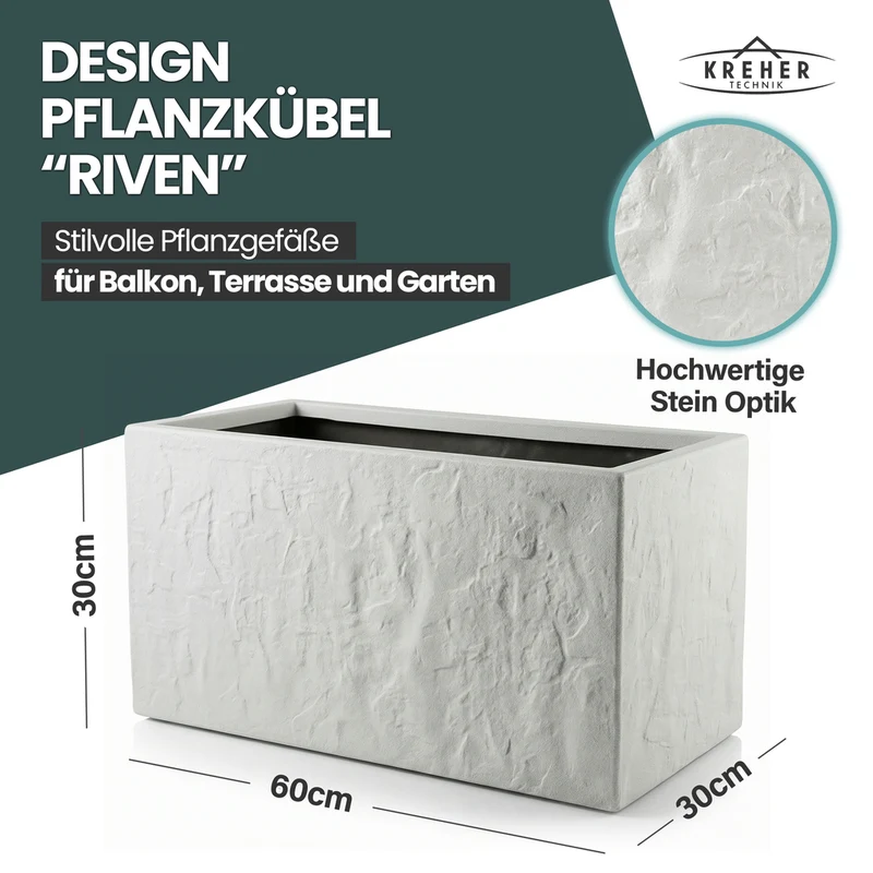 2 x Pflanzkasten 'Riven' in Hellgrau - Blumentopf aus Kunststoff - Steinoptik - 60x30x30 cm