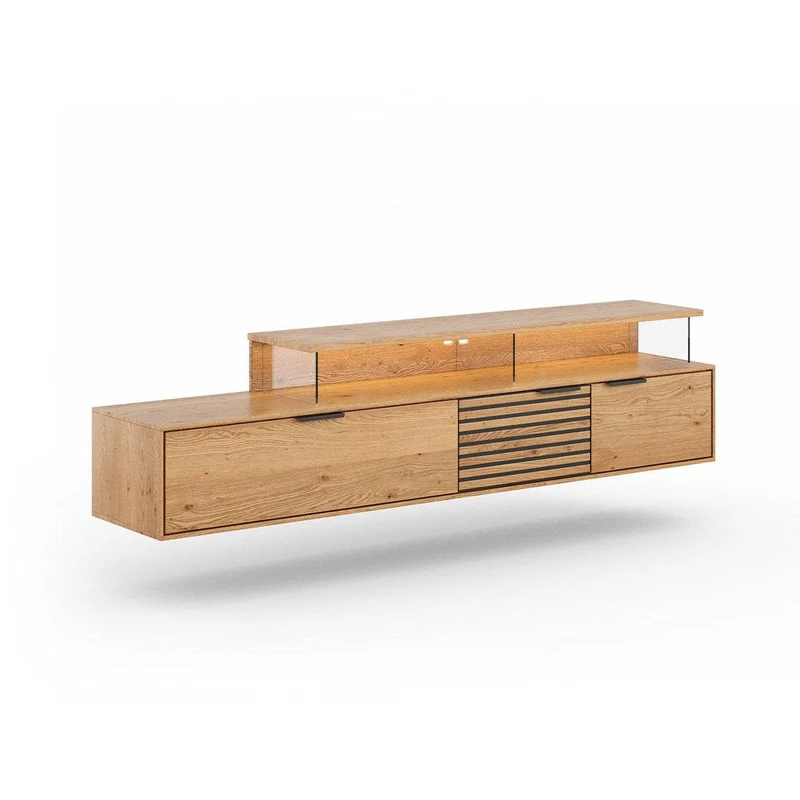 Beleuchtete Hängekommode aus massiver Eiche mit Lamellen | TV-Board Tirano II mit Schaukasten und grober Holzstruktur