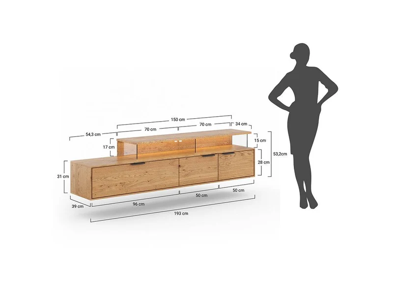 Beleuchtete Hängekommode aus massiver Eiche mit Lamellen | TV-Board Tirano II mit Schaukasten und grober Holzstruktur