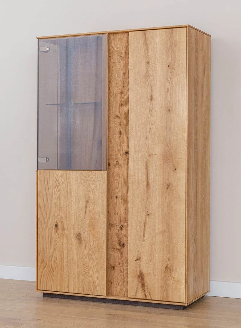 Beleuchtetes Sideboard Collodi aus massiver Wildeiche mit Rückwand in grober Holzstruktur