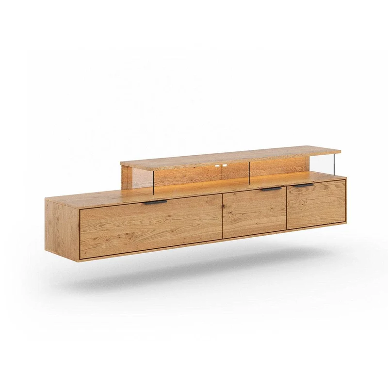 Beleuchtete Hängekommode aus massiver Eiche | TV-Board Tirano I mit Schaukasten und grober Holzstruktur