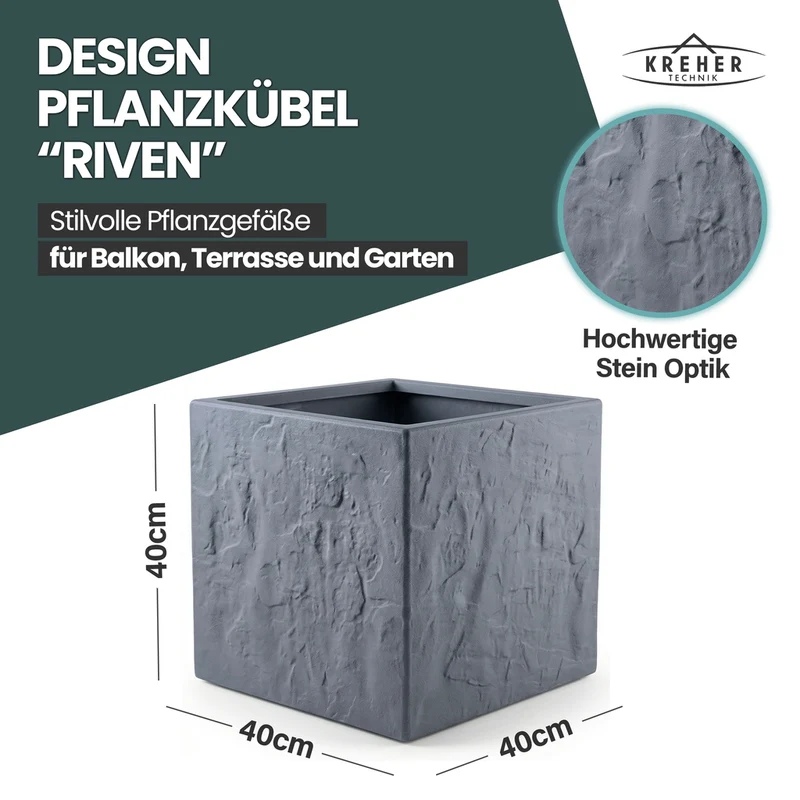 2 x Pflanzkübel 'Riven' in Anthrazit - Blumentopf aus Kunststoff - Steinoptik - frostfest & UV-beständig - 40x40x40 cm