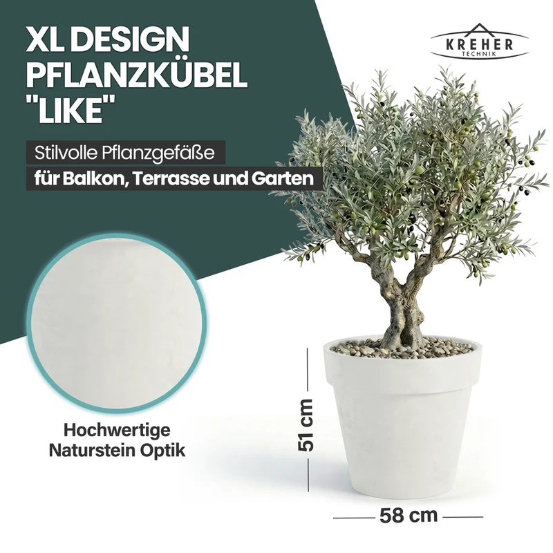 2 x XL Pflanzkübel / Pflanztopf „LIKE“ Ø 58 x H 51 cm - Weiß - Rund, Rollbar - in Natur Stein Optik