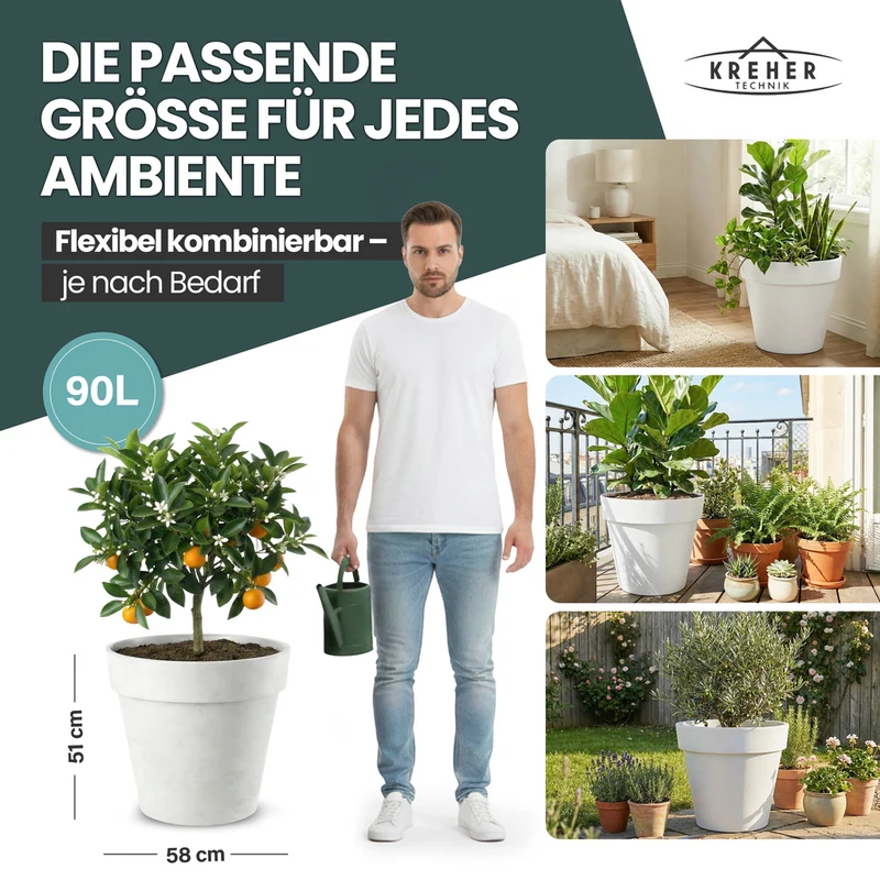 2 x XL Pflanzkübel / Pflanztopf „LIKE“ Ø 58 x H 51 cm - Weiß - Rund, Rollbar - in Natur Stein Optik