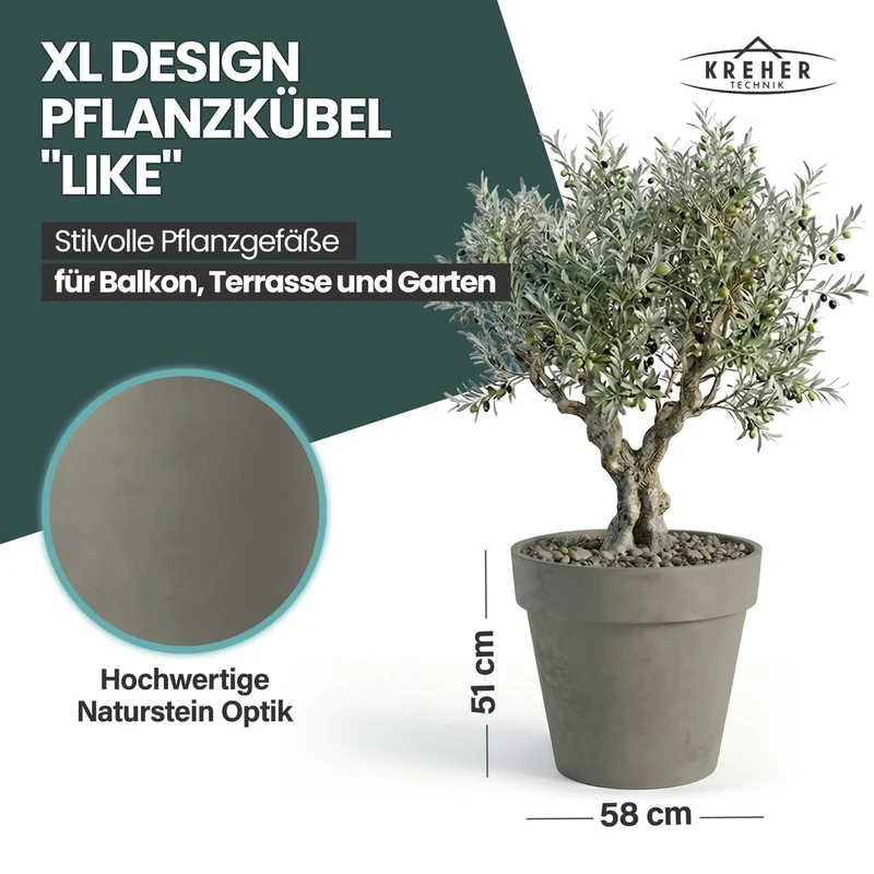 2 x XL Pflanzkübel / Pflanztopf „LIKE“ Ø 58 x H 51 cm - Braun - Rund, Rollbar - in Natur Stein Optik