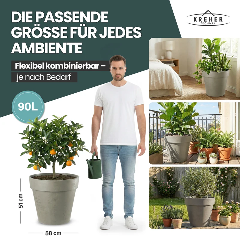 2 x XL Pflanzkübel / Pflanztopf „LIKE“ Ø 58 x H 51 cm - Braun - Rund, Rollbar - in Natur Stein Optik