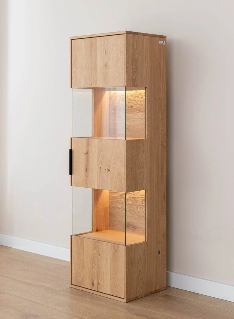 Beleuchtete Hängevitrine aus massiver Eiche | Vitrine Tirano I mit Rückwand in grober Holzstruktur