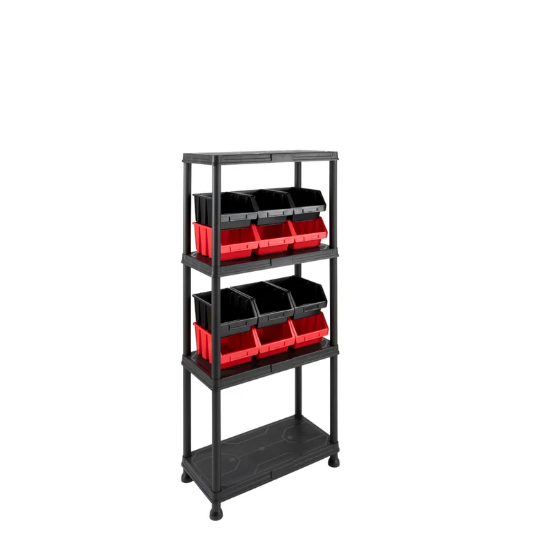 Kunststoffregal 12" Q-Brick mit 4 Böden in Schwarz und Lagerboxen (Set wählbar)