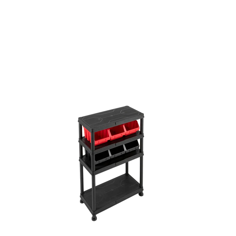 Kunststoffregal 12" Q-Brick mit 4 Böden in Schwarz und Lagerboxen (Set wählbar)