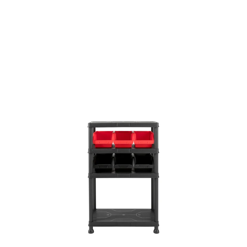 Kunststoffregal 12" Q-Brick mit 4 Böden in Schwarz und Lagerboxen (Set wählbar)