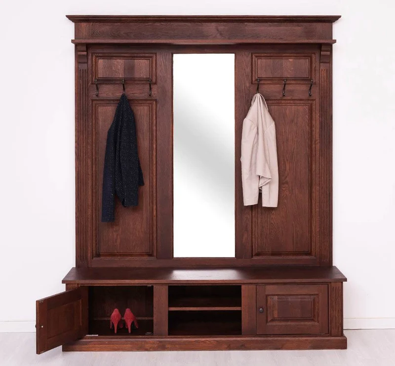 Große Garderobe aus massiver Eiche mit Kleiderhaken, Spiegel, Hutablage und Bank