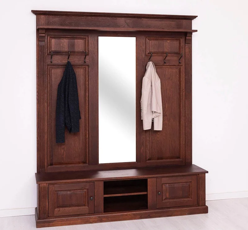 Große Garderobe aus massiver Eiche mit Kleiderhaken, Spiegel, Hutablage und Bank