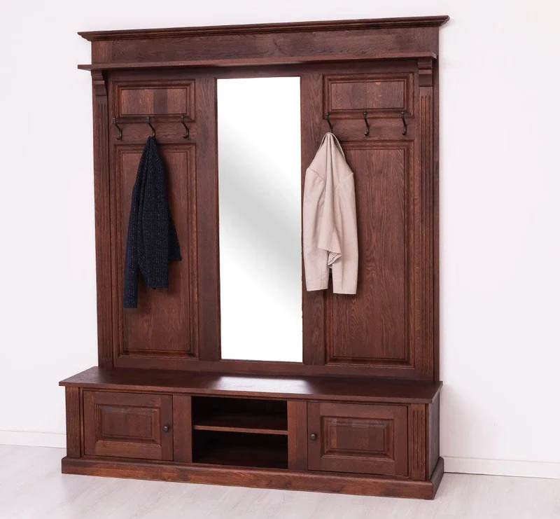 Große Garderobe aus massiver Eiche mit Kleiderhaken, Spiegel, Hutablage und Bank
