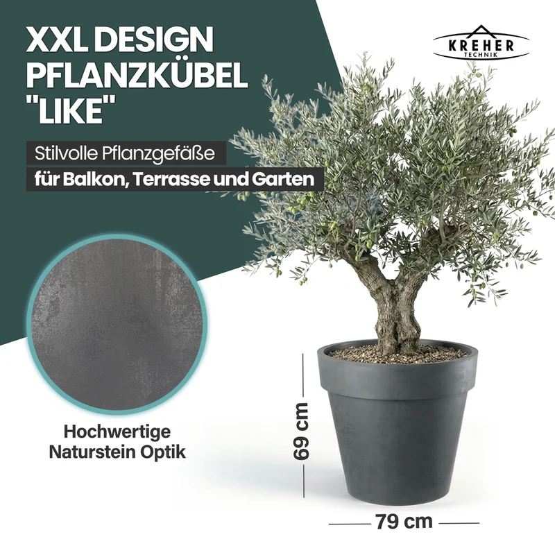 2 x XXL Pflanzkübel / Pflanztopf „LIKE“ Ø 79 x H 69 cm - Anthrazit - Rund, Rollbar - in Natur Stein Optik