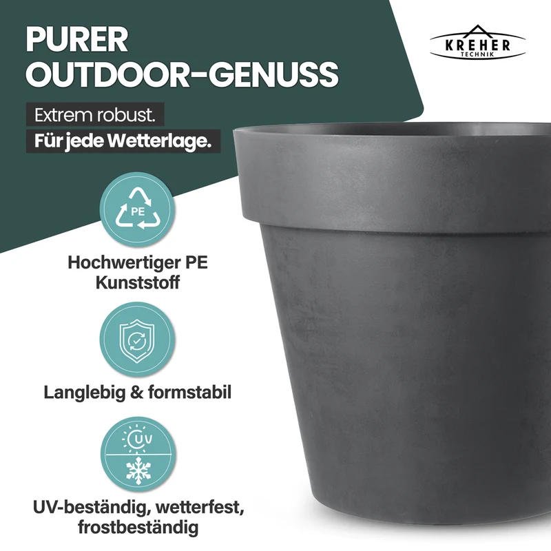 2 x XXL Pflanzkübel / Pflanztopf „LIKE“ Ø 79 x H 69 cm - Anthrazit - Rund, Rollbar - in Natur Stein Optik