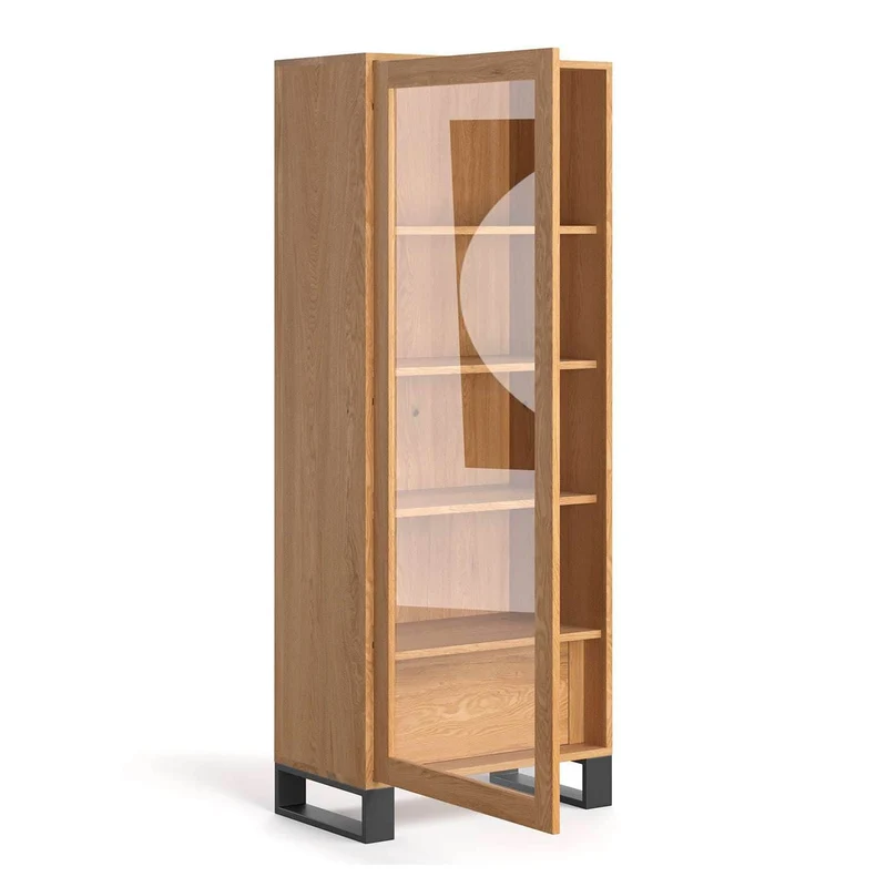 Hohes industrial Regal aus massiver Eiche in zwei Größen | Vitrine Axel mit innenliegender Schublade