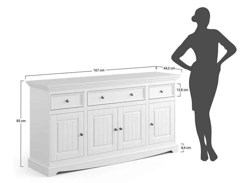 Große Kommode Belluno Elegante in Weiß | Sideboard mit drei Schubladen und Türen