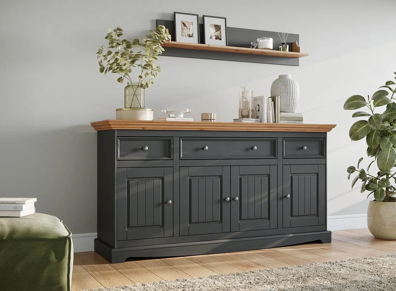 Große Kommode Belluno Elegante in Graphit | Sideboard mit drei Schubladen und Türen