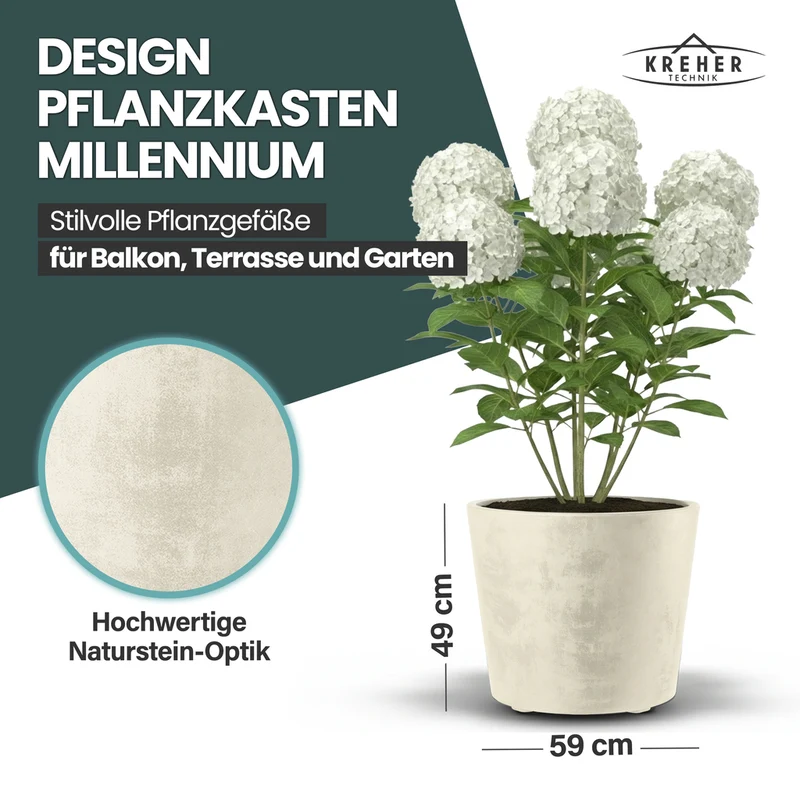 2 x Pflanzkübel 'Millennium' 80 Liter, rund in Creme Weiß