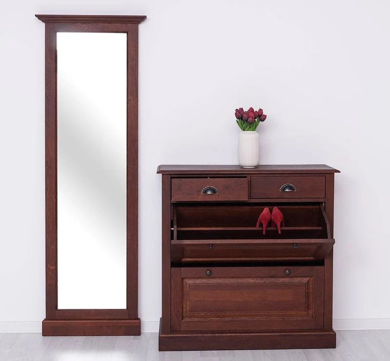 Garderoben Set aus massiver Eiche bestehend aus Schuhschrank und Ganzkörperspiegel