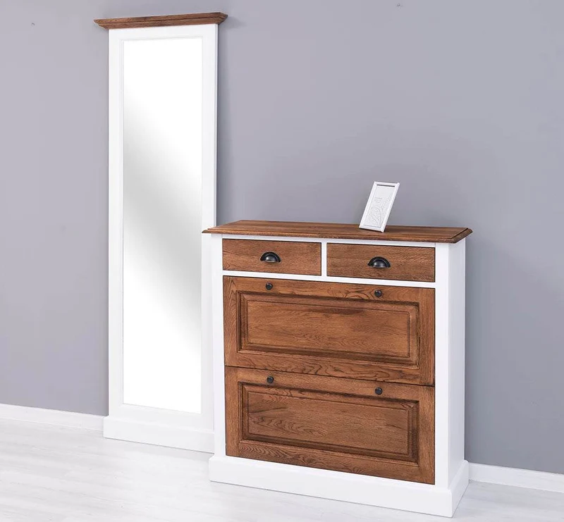 Garderoben Set aus massiver Eiche bestehend aus Schuhschrank und Ganzkörperspiegel