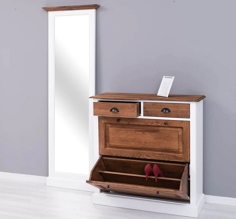 Garderoben Set aus massiver Eiche bestehend aus Schuhschrank und Ganzkörperspiegel