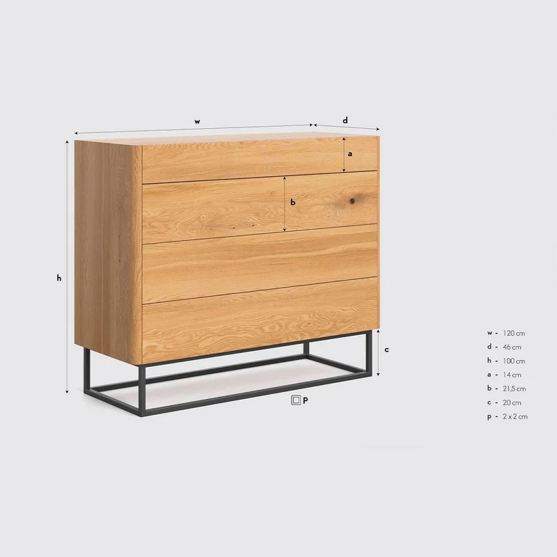Industrial Sideboard aus massiver Eiche | Kommode Virtue mit vier Schubladen