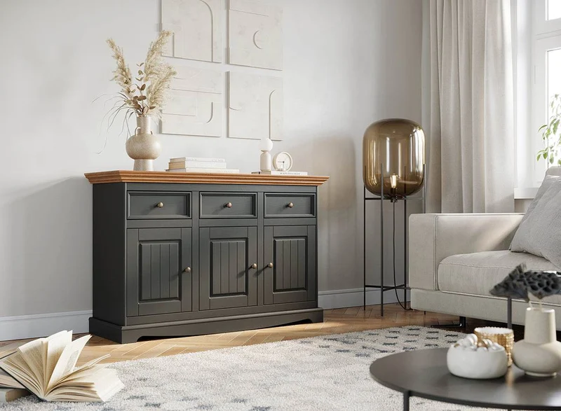 Kommode Belluno Elegante in Graphit | Sideboard mit drei Schubladen und Türen