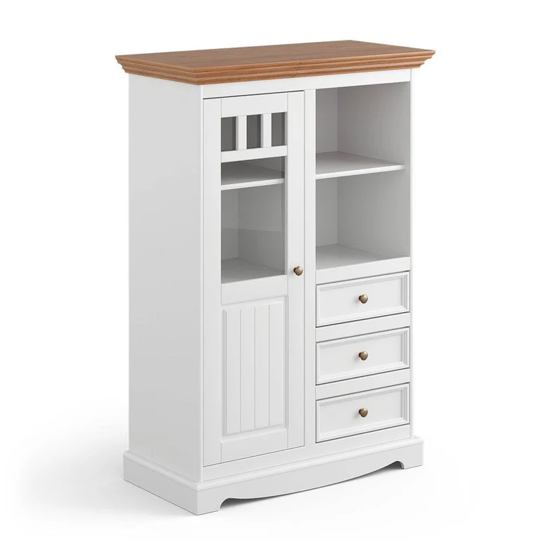 Kleine Vitrinenkommode Belluno Elegante in Weiß | Sideboard mit Schubladen und Tür