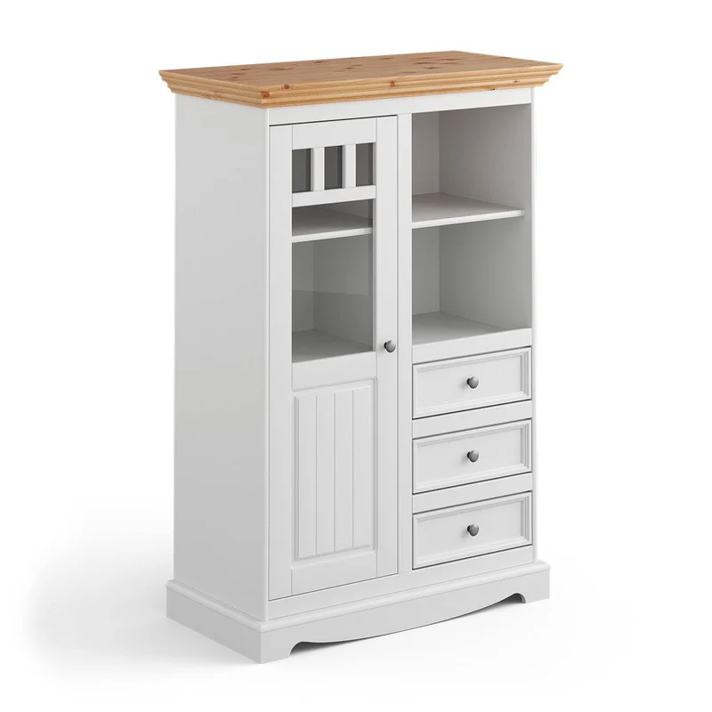 Kleine Vitrinenkommode Belluno Elegante in Weiß | Sideboard mit Schubladen und Tür