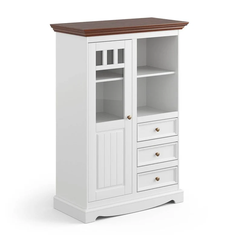 Kleine Vitrinenkommode Belluno Elegante in Weiß | Sideboard mit Schubladen und Tür