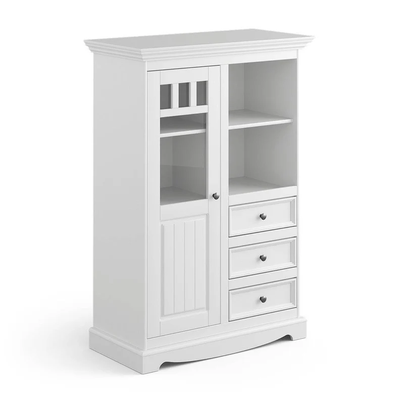 Kleine Vitrinenkommode Belluno Elegante in Weiß | Sideboard mit Schubladen und Tür