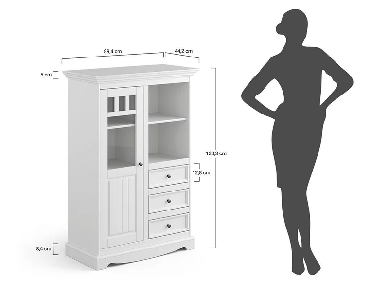 Kleine Vitrinenkommode Belluno Elegante in Weiß | Sideboard mit Schubladen und Tür