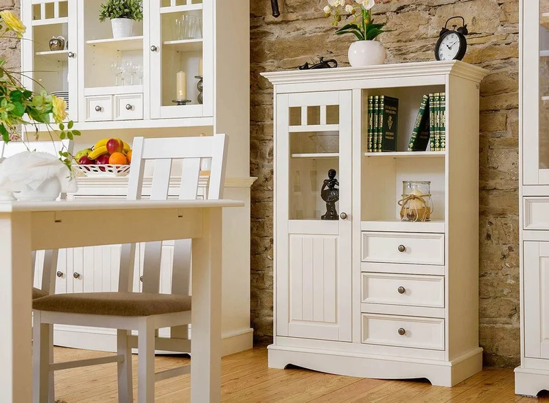 Kleine Vitrinenkommode Belluno Elegante in Weiß | Sideboard mit Schubladen und Tür