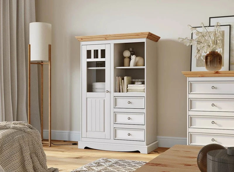 Kleine Vitrinenkommode Belluno Elegante in Weiß | Sideboard mit Schubladen und Tür