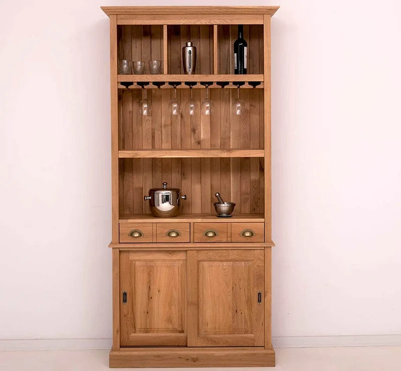 Rustikales Regal aus massiver Eiche mit Glashalterung | Geschirrschrank