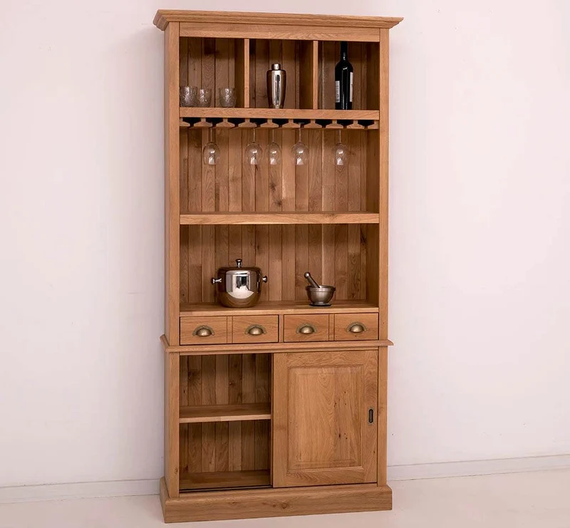 Rustikales Regal aus massiver Eiche mit Glashalterung | Geschirrschrank