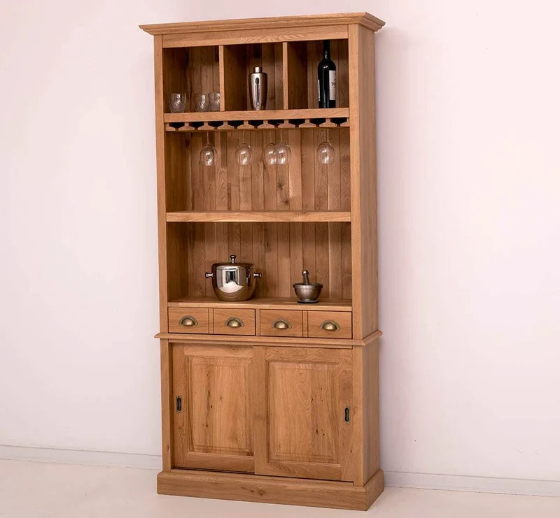 Rustikales Regal aus massiver Eiche mit Glashalterung | Geschirrschrank