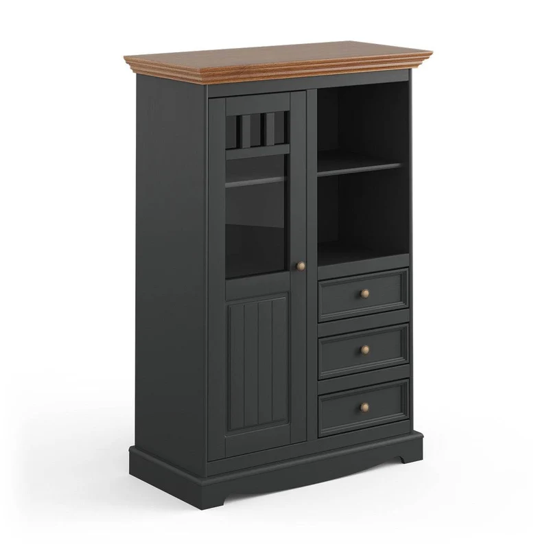 Kleine Vitrinenkommode Belluno Elegante in Graphit | Sideboard mit Schubladen und Tür