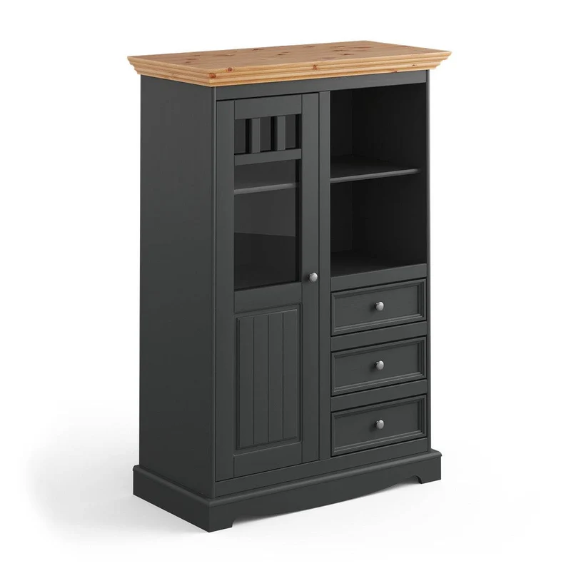 Kleine Vitrinenkommode Belluno Elegante in Graphit | Sideboard mit Schubladen und Tür