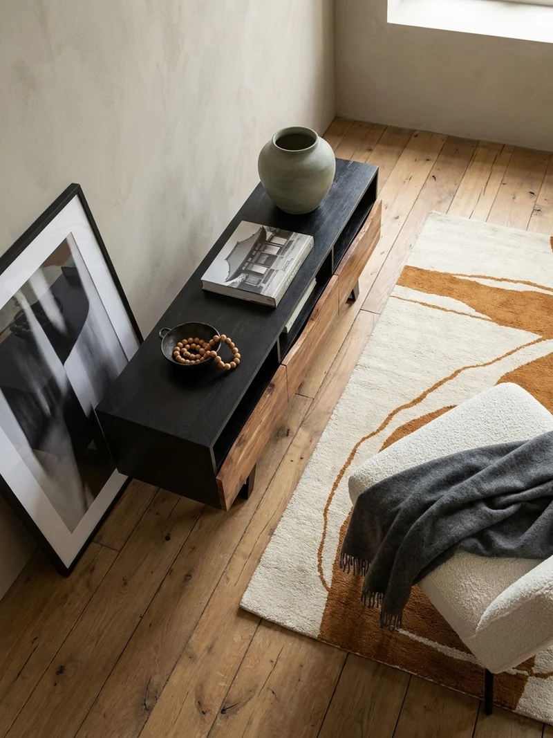 Lowboard Akazie Massivholz Modern Stil 140x50x40 cm Baumkante mit Schublade und Türen
