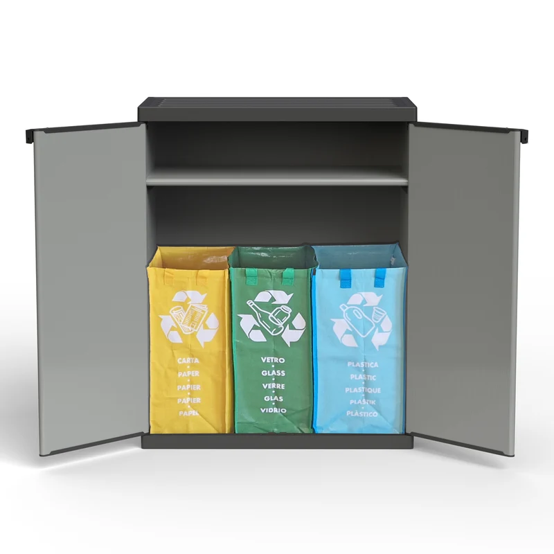 Bundle: ARMADIO Kunststoffschrank mit 1 Einlegeboden und zwei Türen + 3-teilige Recycling-Taschen
