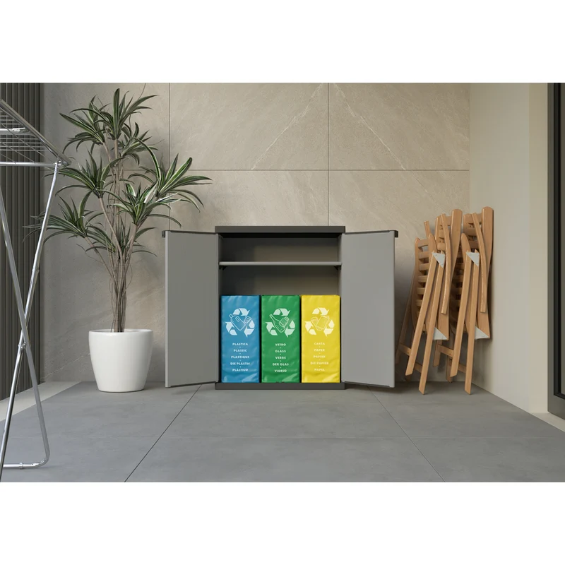 Bundle: ARMADIO Kunststoffschrank mit 1 Einlegeboden und zwei Türen + 3-teilige Recycling-Taschen